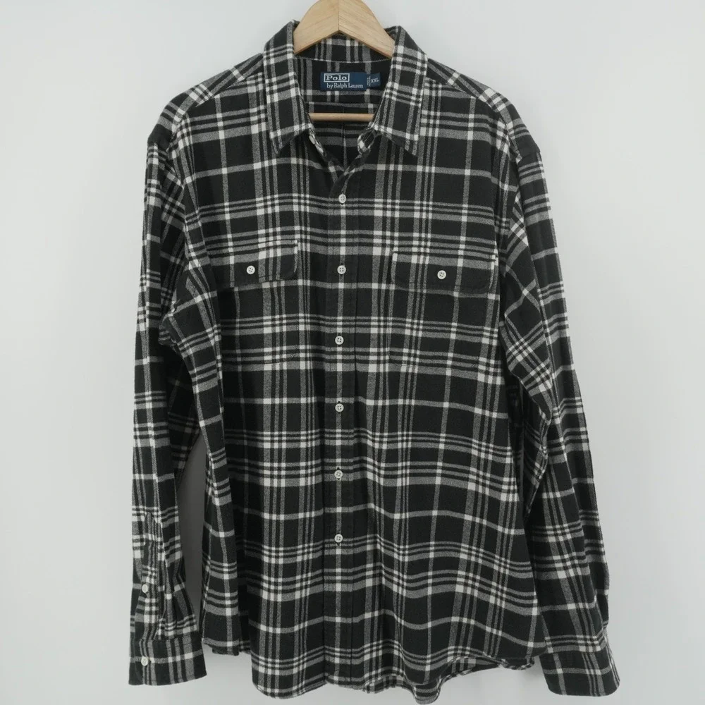 VTG Polo Ralph Lauren Flannel Shirt Men XXL Black White Plaid Button Down Pocket